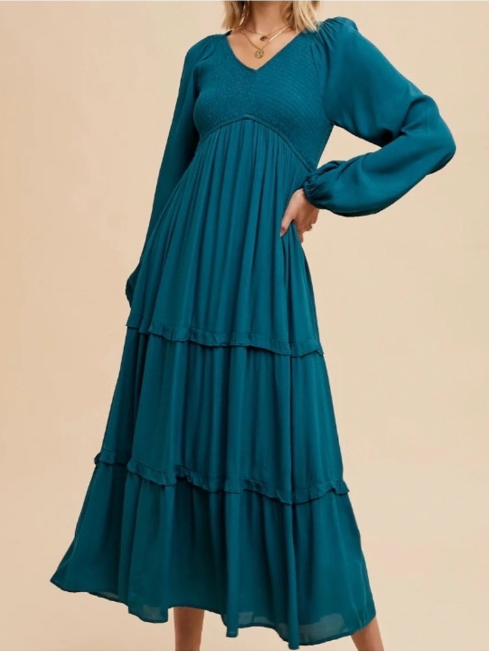 In Bloom Smocked V‑Neck Tiered Long Sleeve Maxi Dress in Slate Blue EUC Sz L